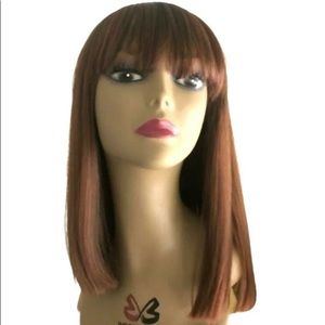 Human Hair Blend Wig Dark Auburn Mix Straight With Bangs